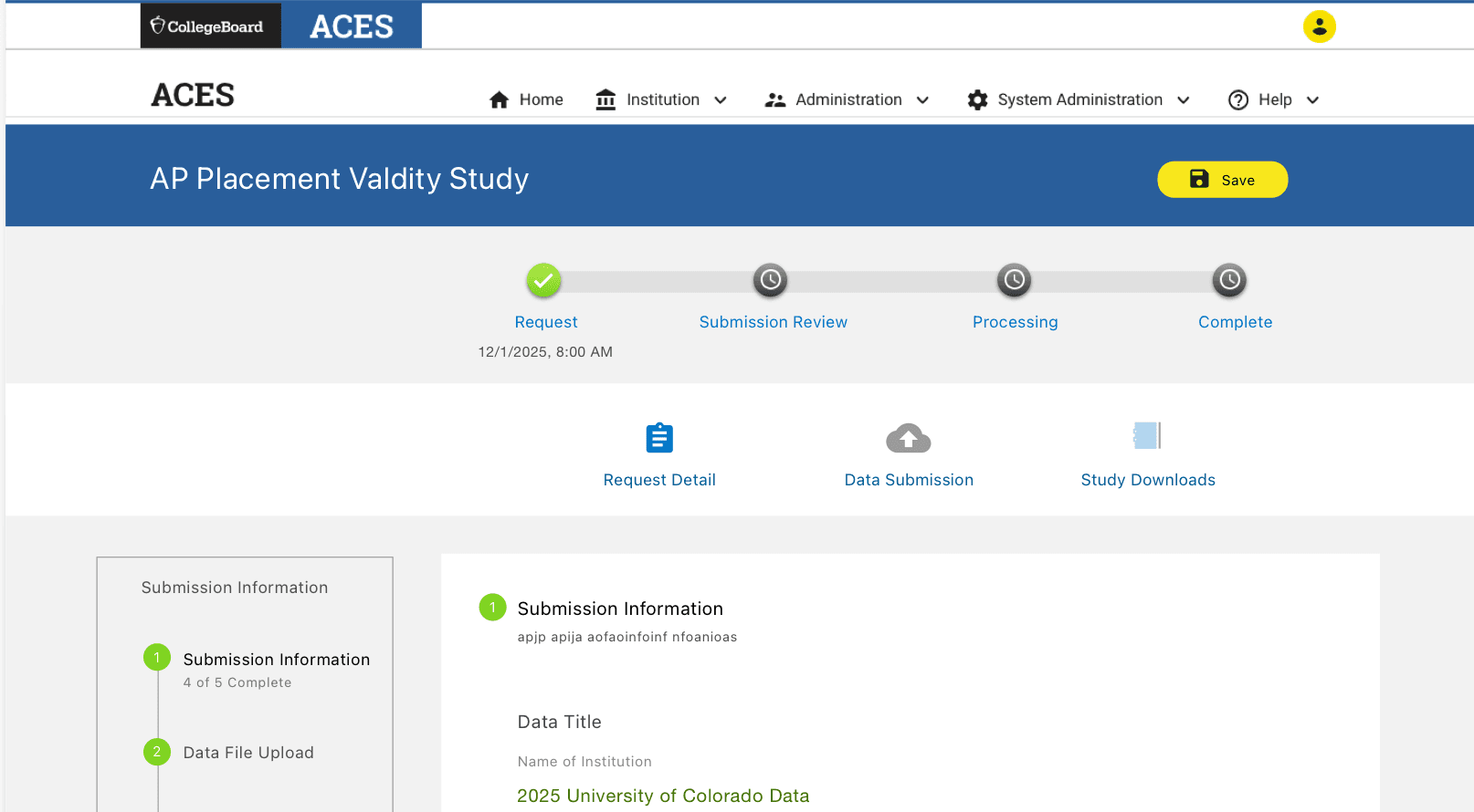 ACES submission workflow with visual progress indicators