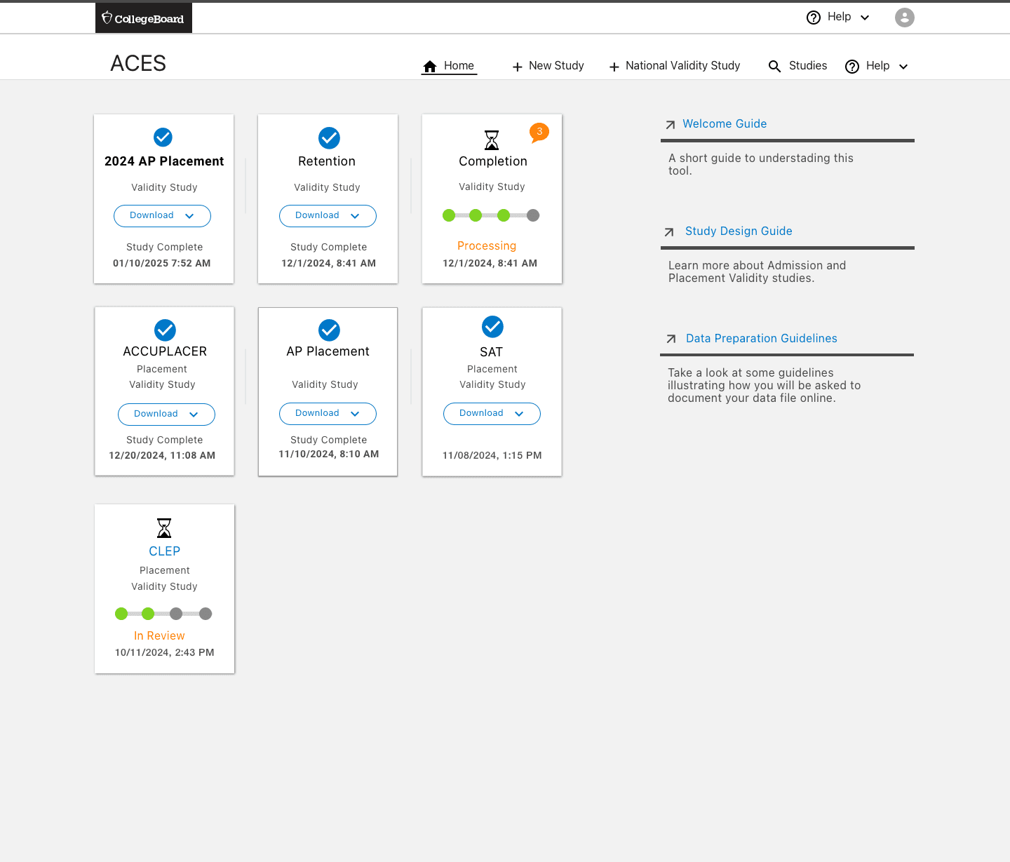 ACES study dashboard showing submission status cards